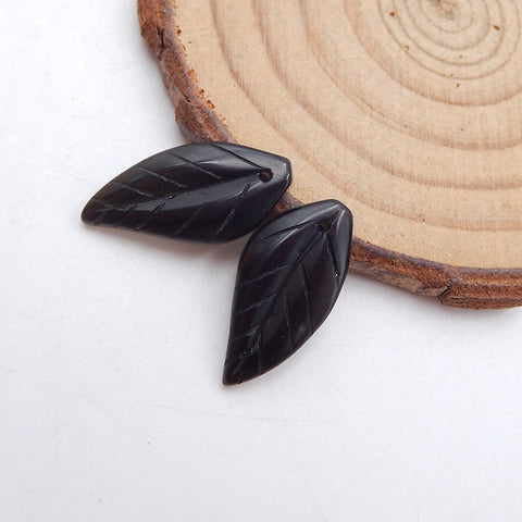 Paire de Boucles d'Oreilles Feuilles Obsidienne Sculptée, 21x10x3mm, 2.2g