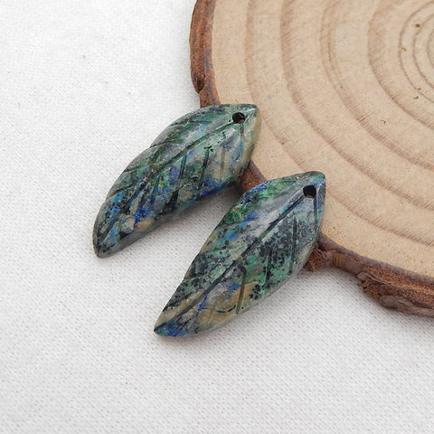 Chrysocolla 雕刻叶宝石耳环石一对，24x10x4mm，3.2g