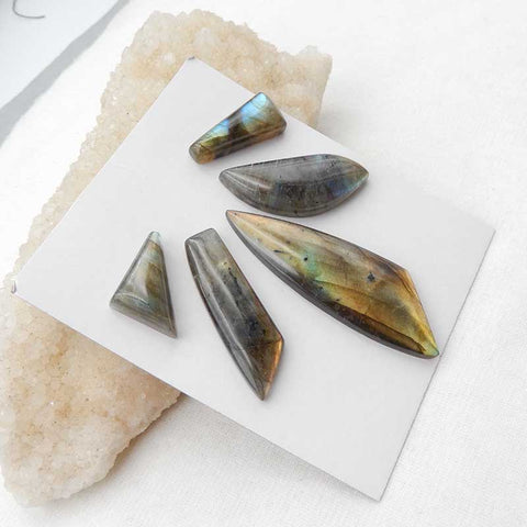 5 PCS Natural Labradorite Cabochons 58x19x6mm, 24x14x7mm, 24.8g