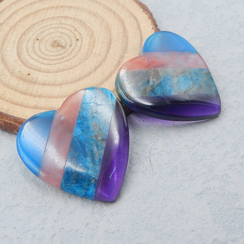 Volcano Cherry Quuncortz, cristal d'apatite bleue, quartz piézoélectrique bleu et quartz piézoélectrique violet collé coeur pierres précieuses boucles d'oreilles paire de pierres, 30x30x5mm, 16.2g