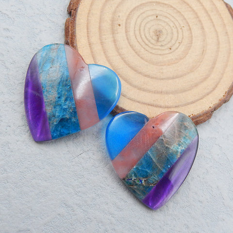 Volcano Cherry Quuncortz, cristal d'apatite bleue, quartz piézoélectrique bleu et quartz piézoélectrique violet collé coeur pierres précieuses boucles d'oreilles paire de pierres, 30x30x5mm, 16.2g