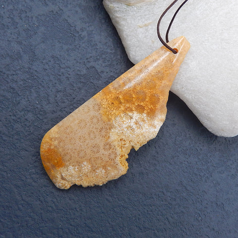 Perle pendentif percée en corail fossile indonésien naturel, 74 x 31 x 7 mm, 23,2 g