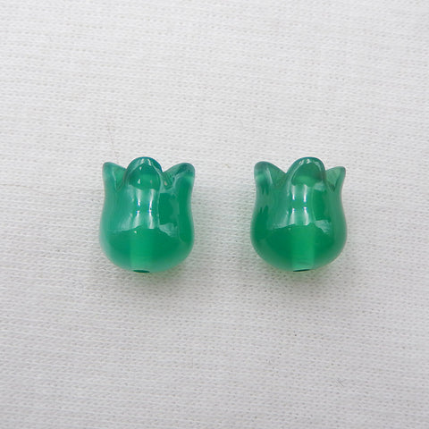 Paire de Boucles d'Oreilles Percées Fleur en Agate Verte Naturelle Sculptée, 11x9mm, 3.2g