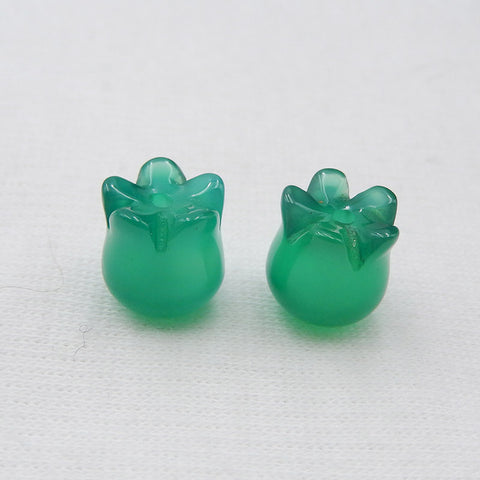 Paire de Boucles d'Oreilles Percées Fleur en Agate Verte Naturelle Sculptée, 11x9mm, 3.2g