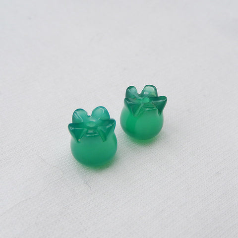 Paire de Boucles d'Oreilles Percées Fleur en Agate Verte Naturelle Sculptée, 11x9mm, 3.2g