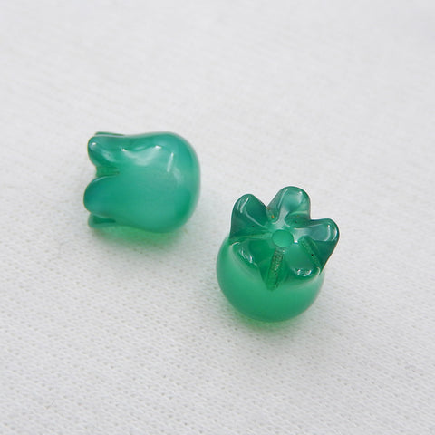 Paire de Boucles d'Oreilles Percées Fleur en Agate Verte Naturelle Sculptée, 11x9mm, 3.2g