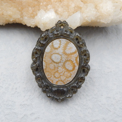 Intarsia of Obsidian and Indonesian Fossil Coral Pendant bead 39x28x6mm, 9.7g