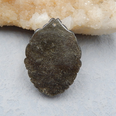 Intarsia of Obsidian and Indonesian Fossil Coral Pendant bead 39x28x6mm, 9.7g