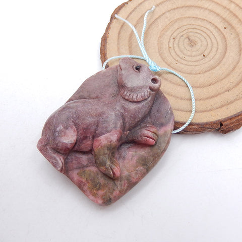 Natural Rhodonite Carved bear Pendant Bead 42x38x11mm, 40g