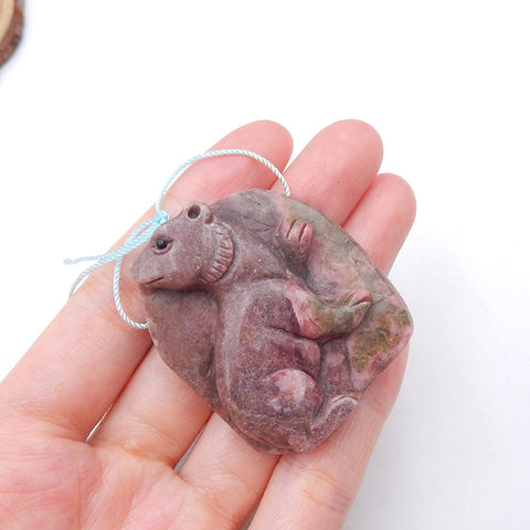 Natural Rhodonite Carved bear Pendant Bead 42x38x11mm, 40g