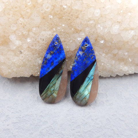 Paire de Boucles d'Oreilles Larme Collées Lapis Lazuli, Obsidienne, Labradorite et Pierre de Soleil, 40x15x6mm, 11.3g