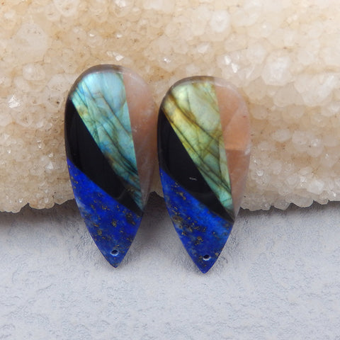 Intarsia of Lapis Lazuli, Obsidian, Labradorite and Sun Stone Earring Beads 40x15x6mm, 11.3g