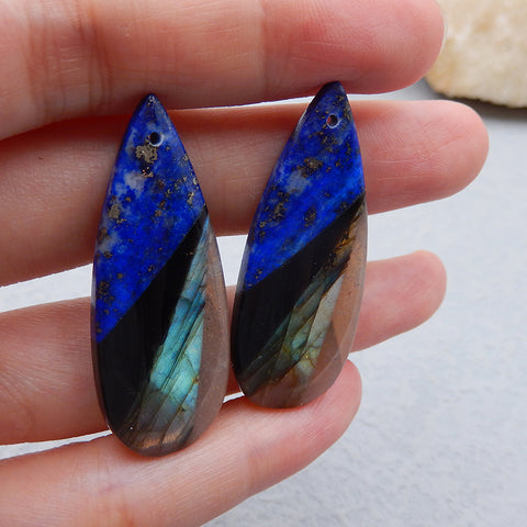 Paire de Boucles d'Oreilles Larme Collées Lapis Lazuli, Obsidienne, Labradorite et Pierre de Soleil, 40x15x6mm, 11.3g