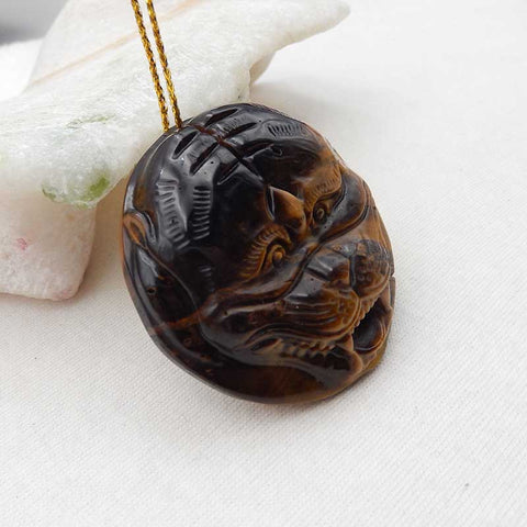 Natural Tiger's Eye Jasper Carved tiger Pendant Bead 45x45x12mm, 37.2g