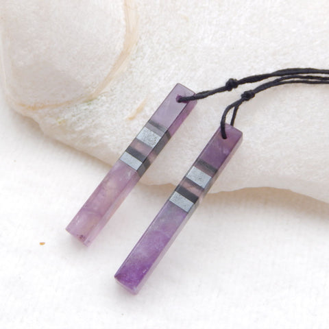 Intarsia of Amethyst, Obsidian And Hematite Earring Beads 38X5mm, 5.4g