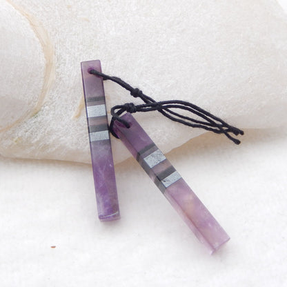 Intarsia of Amethyst, Obsidian And Hematite Earring Beads 38X5mm, 5.4g