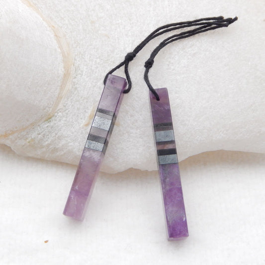 Paire de Boucles d'Oreilles Rectangle Allongé Collées Améthyste, Obsidienne et Hématite, 38X5mm, 5.4g