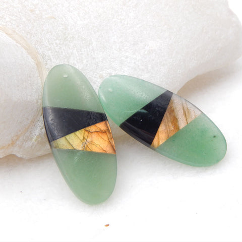 Perle de boucle d'oreille en intarsia d'aventurine verte, d'obsidienne et de labradorite, 37 x 16 x 4 mm, 8,8 g