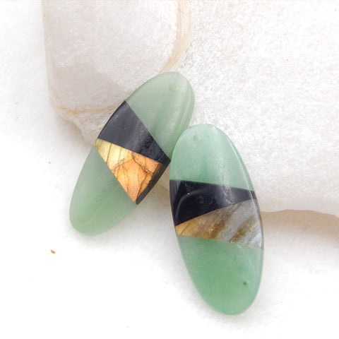 Perle de boucle d'oreille en intarsia d'aventurine verte, d'obsidienne et de labradorite, 37 x 16 x 4 mm, 8,8 g