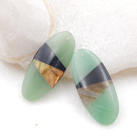 Perle de boucle d'oreille en intarsia d'aventurine verte, d'obsidienne et de labradorite, 37 x 16 x 4 mm, 8,8 g