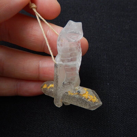 Sale 1 Piece Unique Hand Carved Cobra Snake Clear Ghost Quartz Pendant Stone, 46-65mm - MyGemGarden