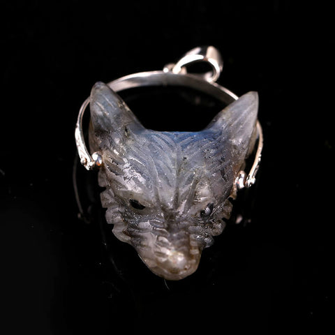 Natural Labradorite Handcarved Wolf Head Silver Pendant, 33x25x13mm, 12.6g - MyGemGarden