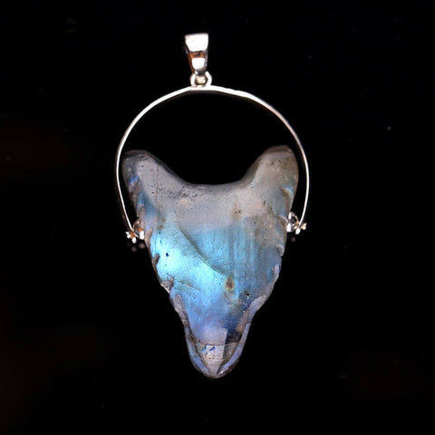 Natural Labradorite Handcarved Wolf Head Silver Pendant, 33x25x13mm, 12.6g - MyGemGarden