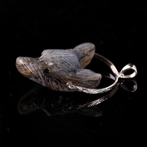 Natural Labradorite Handcarved Wolf Head Silver Pendant, 33x25x13mm, 12.6g - MyGemGarden