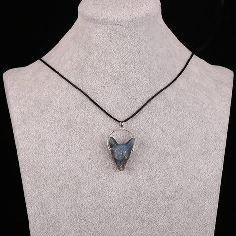 Natural Labradorite Handcarved Wolf Head Silver Pendant, 33x25x13mm, 12.6g - MyGemGarden