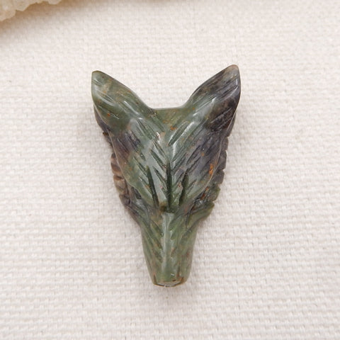 绿色蛋白石手工雕刻狼头吊坠石，32x23x10mm，7.4g