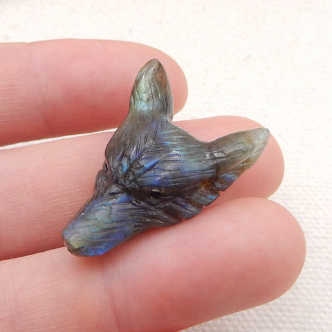 Pierre pendentif tête de loup sculptée à la main en labradorite, 28 x 20 x 9 mm, 4,2 g