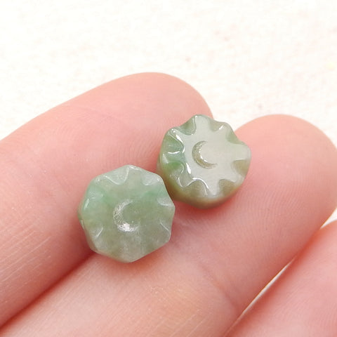 Paire de Boucles d'Oreilles Percées en Agate Verte Naturelle Fleur Sculptée, 9x4mm, 1.5g