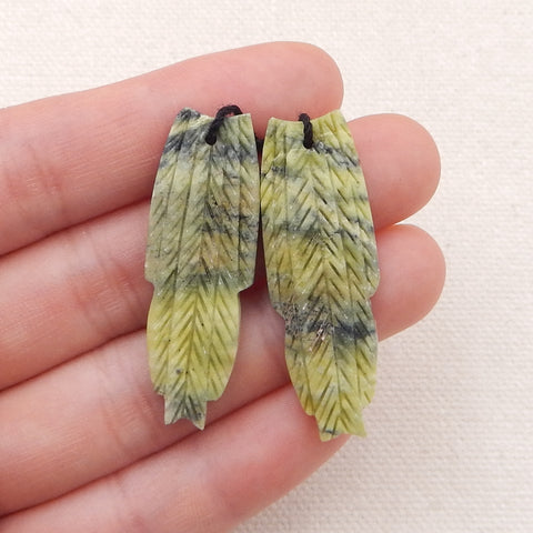 Natural Serpentine Carved feather Earring Beads 40x14x4mm, 6.5g