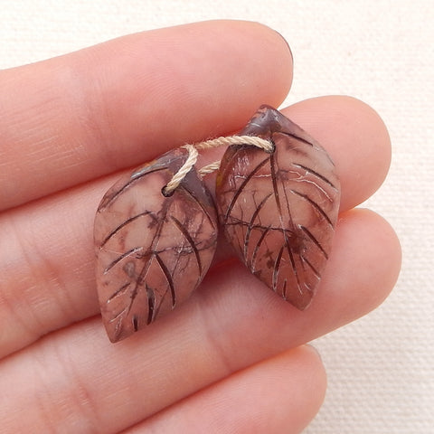 Paire de Boucles d'Oreilles en Jaspe Ruisseau Rouge Feuille Sculptées à la Main, 24x14x4mm, 3.1g