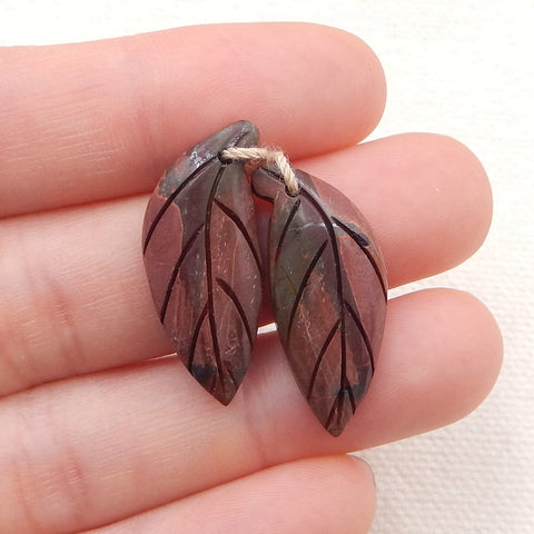 Natural Red Creek Jasper Carved Leaf Earring Beads 26x11x4mm, 3.4g