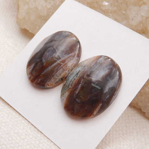 1 paire de cabochons ovales multicolores en agate de bambou à dos plat, 20x15x4mm, 4.0g