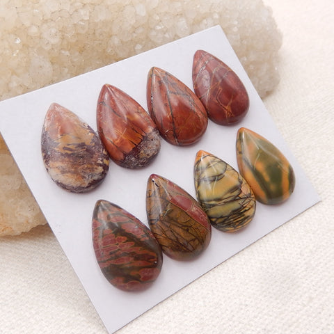 8 cabochons à dos plat en jaspe rouge en forme de larme naturelle, 21 x 14 x 4 mm, 14,8 g