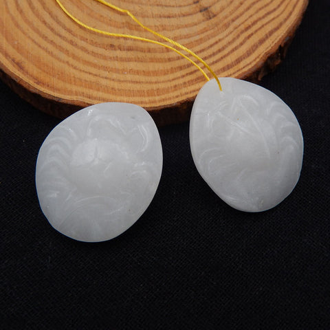 Boucles d'oreilles en jade blanc sculptées à la main, 34 x 28 x 4 mm, 21,5 g