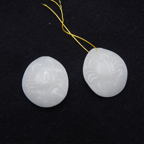 Boucles d'oreilles en jade blanc sculptées à la main, 34 x 28 x 4 mm, 21,5 g