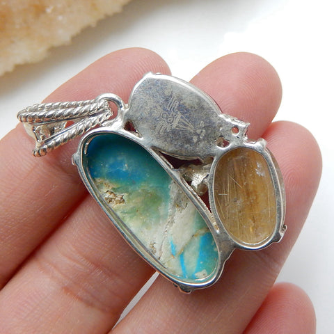 Sterling Silver 925 With Blue opal, Wood Fossil, Gold Rutilated Quartz Intarsia Gemstone Pendant, Gorgeous Pendant, 30x24x10mm, 10.8g - MyGemGarden