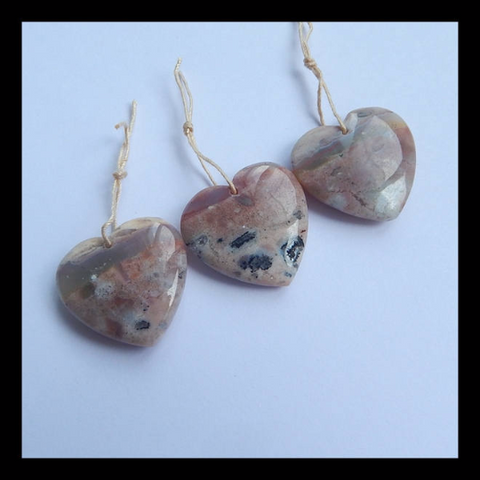 3 pcs Ocean Jasper Gemstone, Heart Pendant With Heart Pendant Beads, 24x25x7mm, 24x25x6mm, 17.4g - MyGemGarden