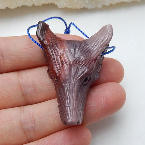 Handmade Mookaite Jasper Carved Wolf Head Pendant Bead, 40x29x13mm, 15.5g - MyGemGarden