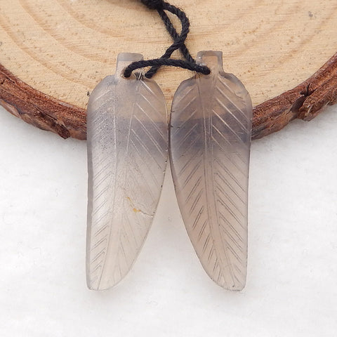 Carved Feather Grey Smoky Quartz Earrings Pair for Making Jewelry, 33x10x3.5mm, 3.5g