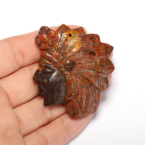 Handmade Warring States Red Agate Carved Indian Head Gemstone Pendant Bead, 49x43x9mm, 24.1g - MyGemGarden