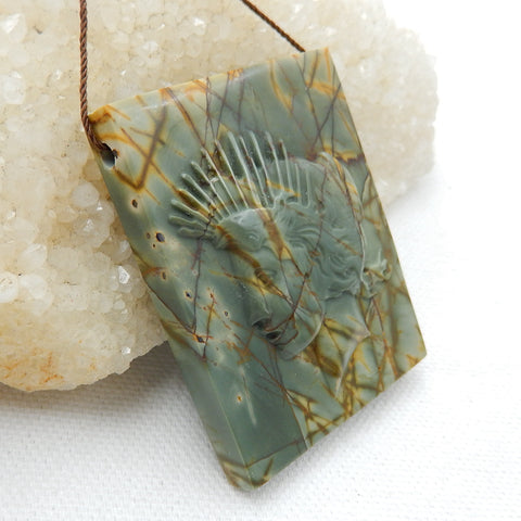 New, Carved Gemstone Multi-Color Picasso jasper Pendant , 51x41x11mm, 48.5g - MyGemGarden