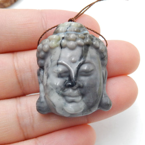 Picasso Jasper Carved buddha head Pendant Bead, 31x24x11mm, 13.2g - MyGemGarden