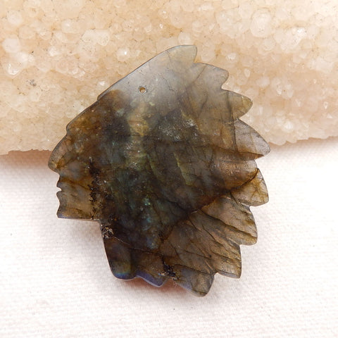 Vintage Hand Carved Labradorite Gemstone Indian Head Pendant , 52x46x7mm, 21.6g - MyGemGarden