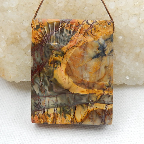 New, Carved Gemstone Multi-Color Picasso jasper Pendant , 46x36x13mm, 45.6g - MyGemGarden