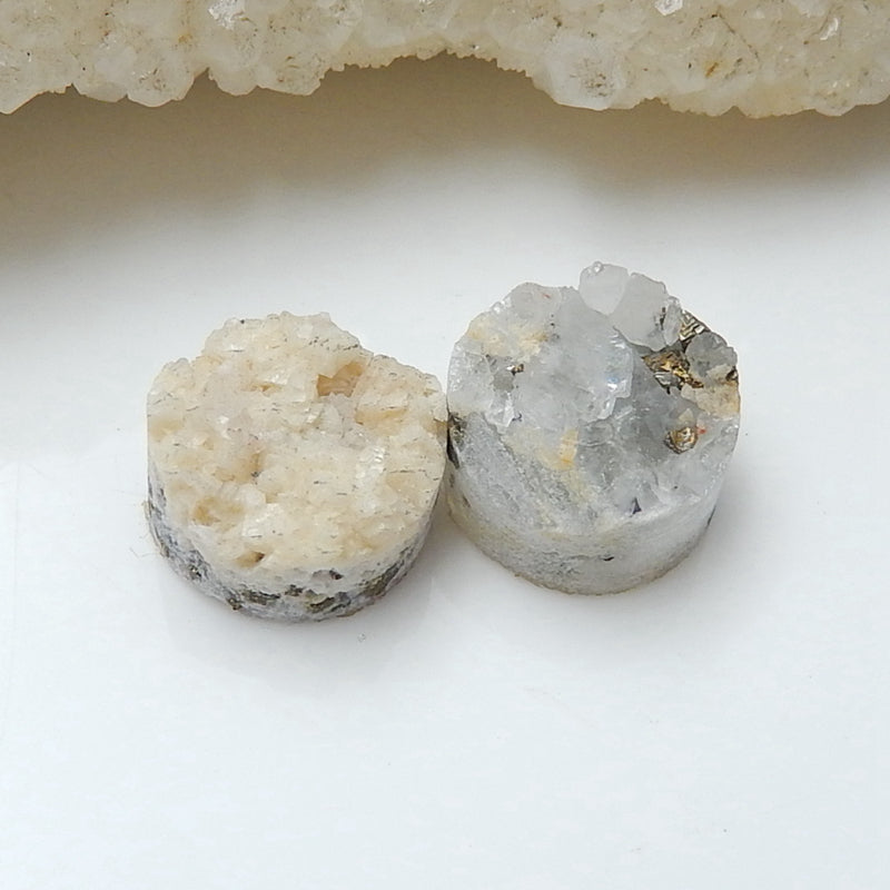 Natural Drusy White Quartz With Pyrite Round Gemstone Cabochon Pair, 10x7mm, 2.6g - MyGemGarden