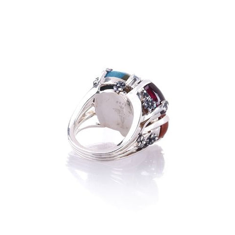 Well Designed!!Stering Silver 925 With Blue Opal With Garnet, Wood Stone Gemstone Intarsia Fashion Jewelry Ring 14.1g(Ring 6 Size) - MyGemGarden